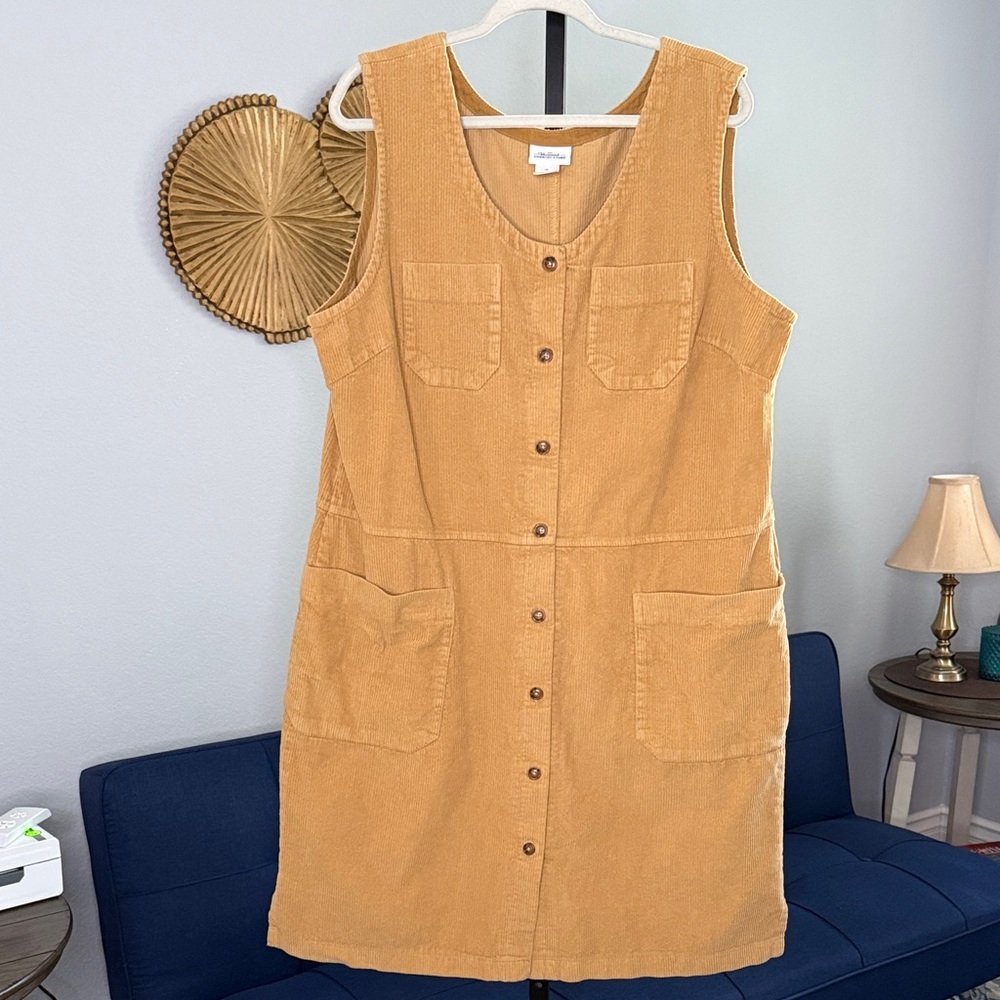 The Vermont Country Store Mustard Button-Front Sleeveless Corduroy Dress size 1X